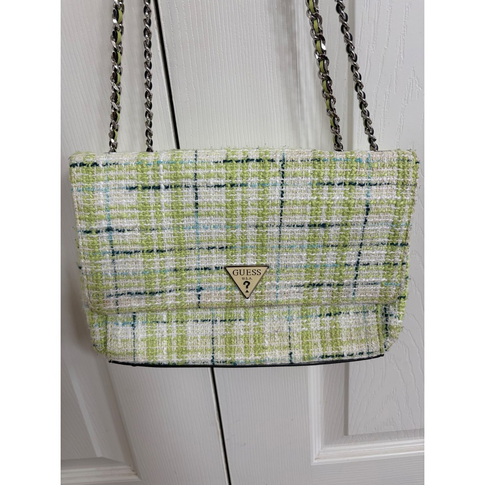 Guess Cessily Tweed Chain 2-Way Shoulder Bag In Lime Multi